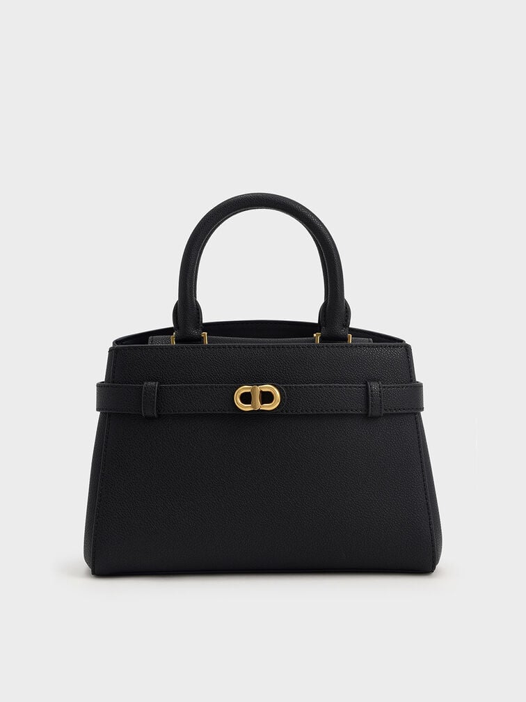 Charles & Keith Midi Aubrielle Metallic-Accent Belted Bag - Black
