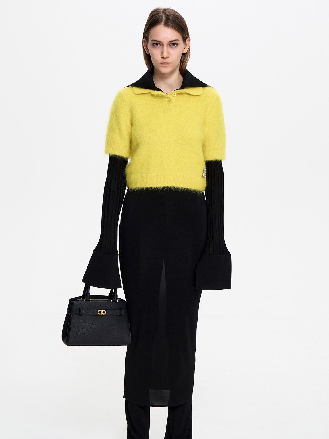 Charles & Keith Midi Aubrielle Metallic-Accent Belted Bag - Black