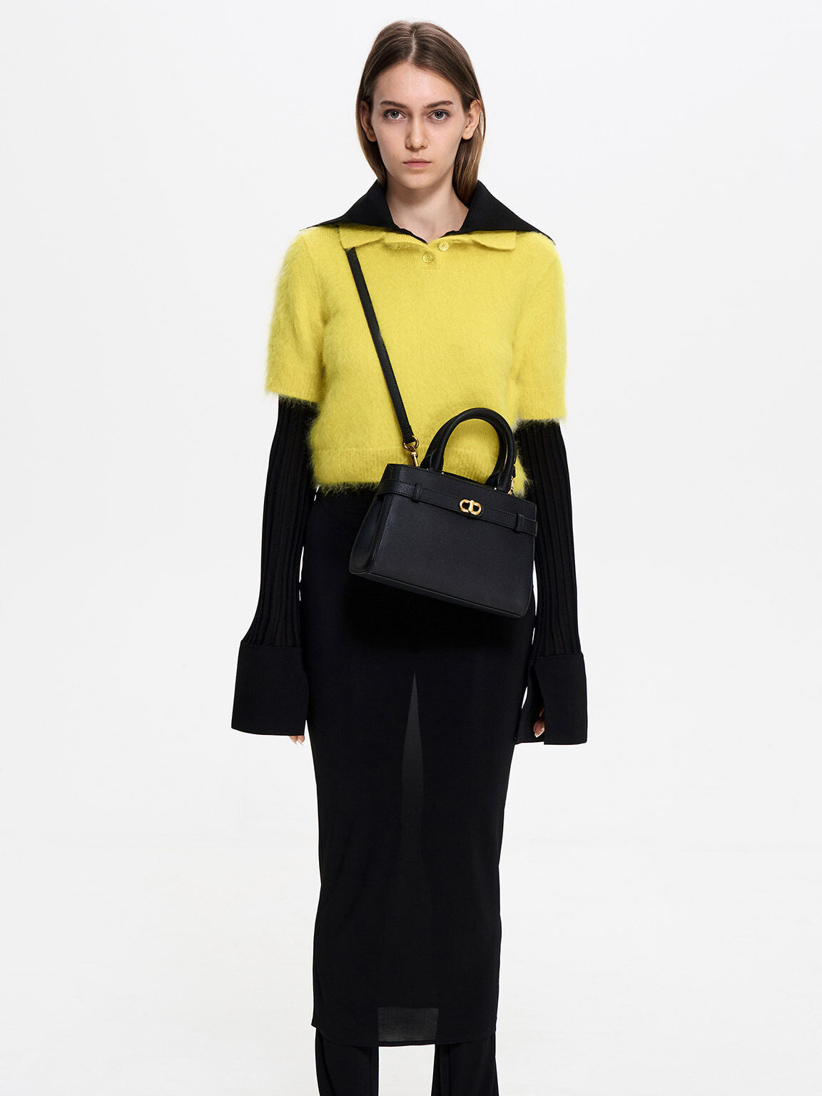 Charles & Keith Midi Aubrielle Metallic-Accent Belted Bag - Black