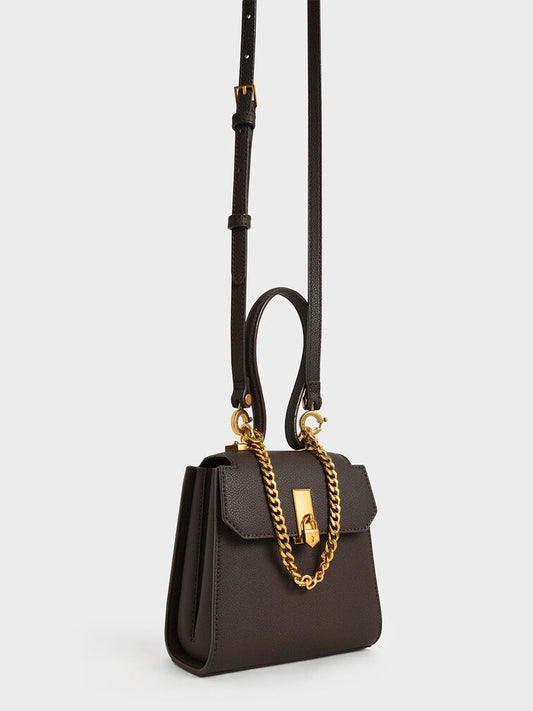 Charles & Keith Geometric Top Handle Chain-Link Bag - Dark Moss