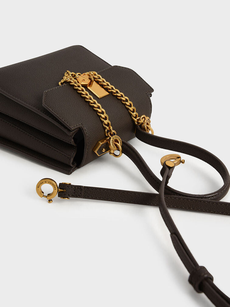 Charles & Keith Geometric Top Handle Chain-Link Bag - Dark Moss