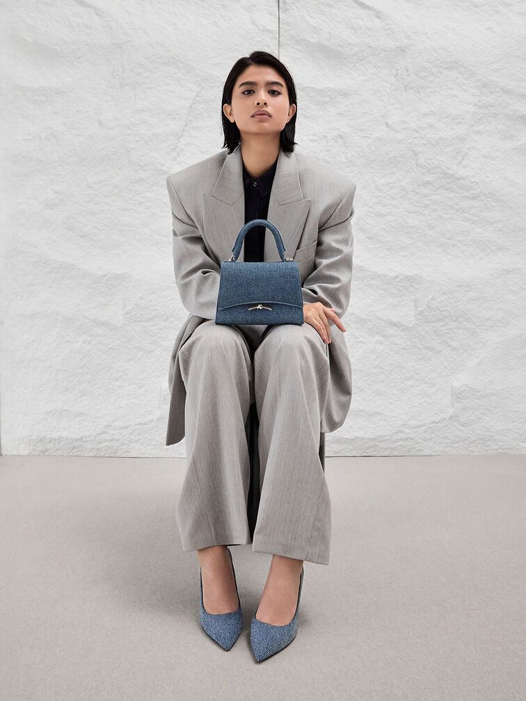 Charles & Keith Mini Huxley Metallic Push-Lock Top Handle Bag-Denim
