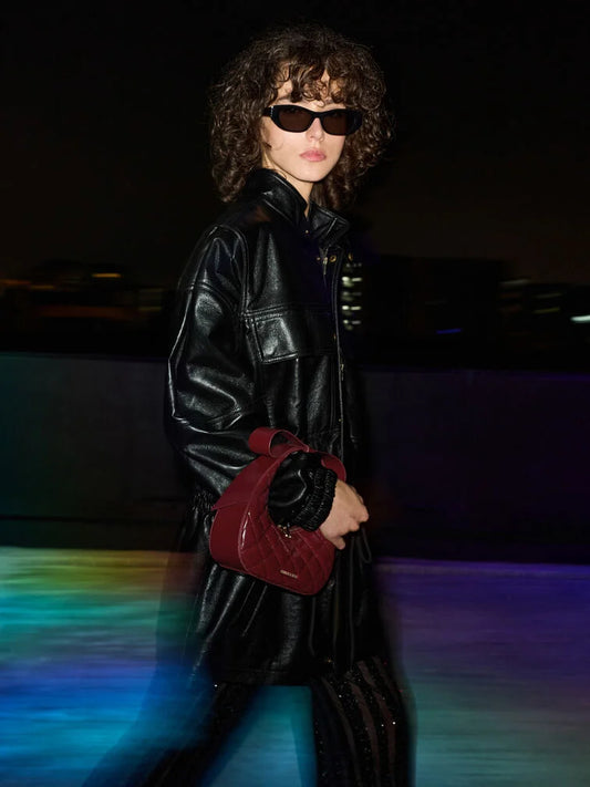 PREORDER Charles and Keith Janie Quilted Bow-Handle Bag - Burgundy