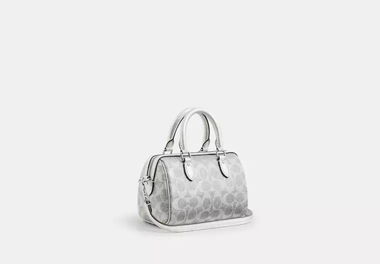 Boxed COACH Mini Rowan Crossbody Bag And Mirror Bag Charm Set In Signature Canvas-Silver