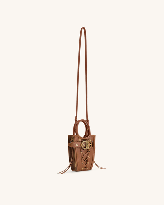 BOXED FEI CRUSHED STRAPS PHONE BAG - BROWN