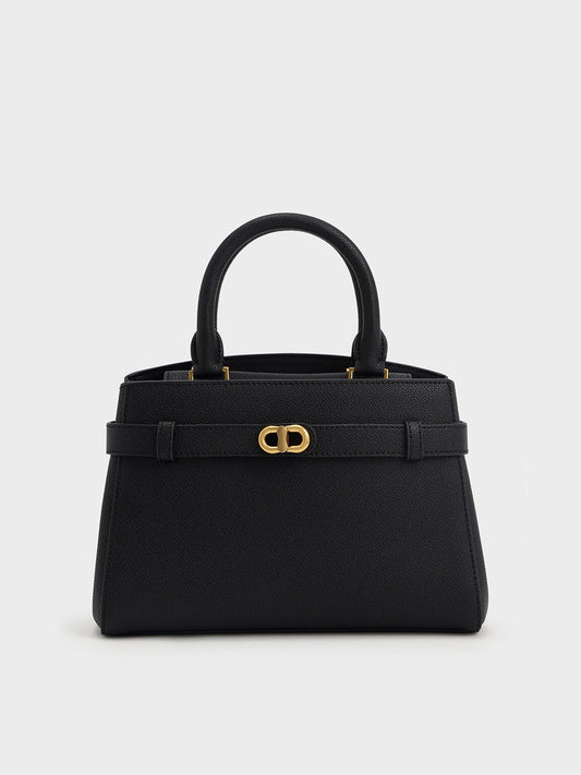 Charles & Keith Midi Aubrielle Metallic-Accent Belted Bag - Black