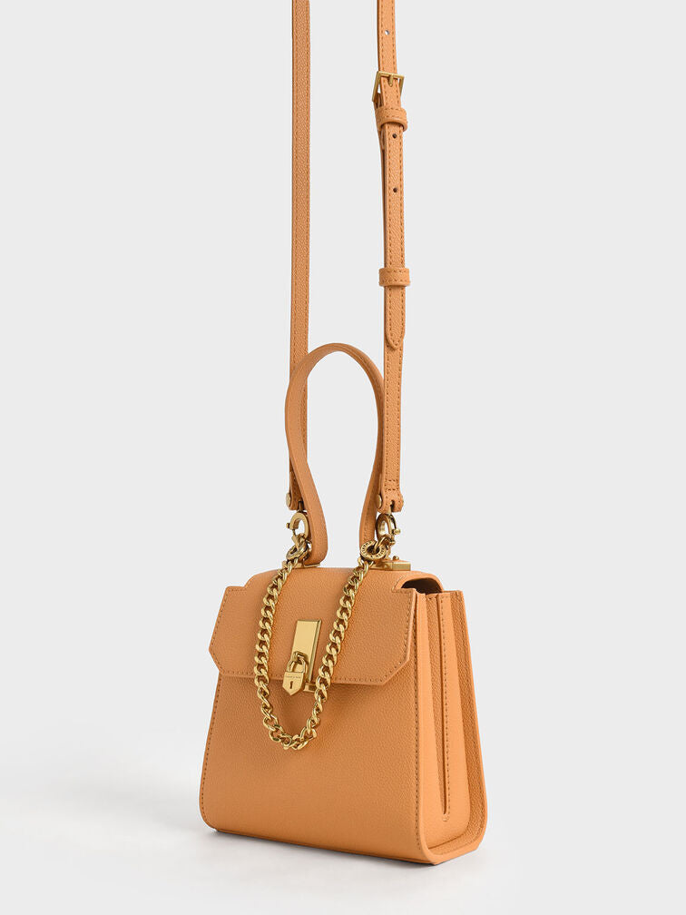 Charles & Keith Geometric Top Handle Chain-Link Bag-Pumpkin