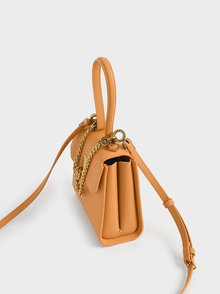 Charles & Keith Geometric Top Handle Chain-Link Bag-Pumpkin