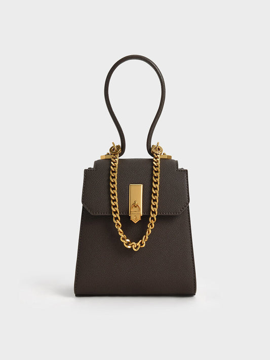 Charles & Keith Geometric Top Handle Chain-Link Bag - Dark Moss