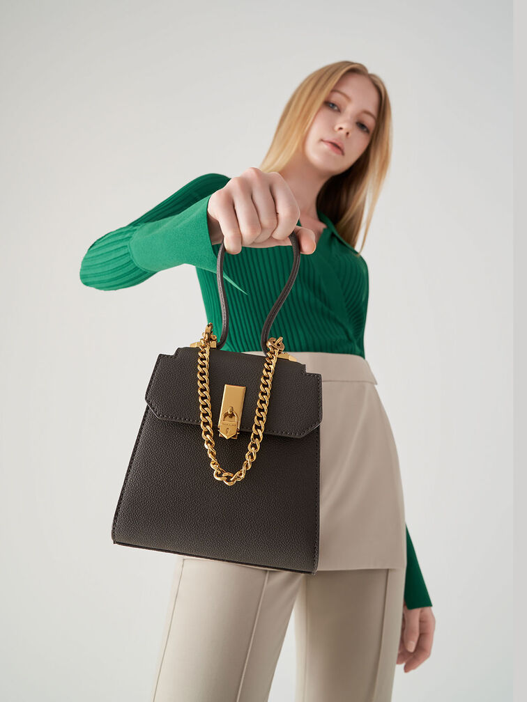 Charles & Keith Geometric Top Handle Chain-Link Bag - Dark Moss