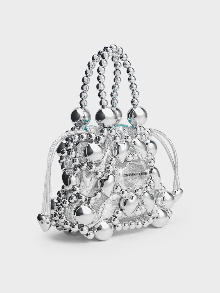 Charles & Keith Qixi Gift Set: Metallic Beaded Top Handle Bag - Silver