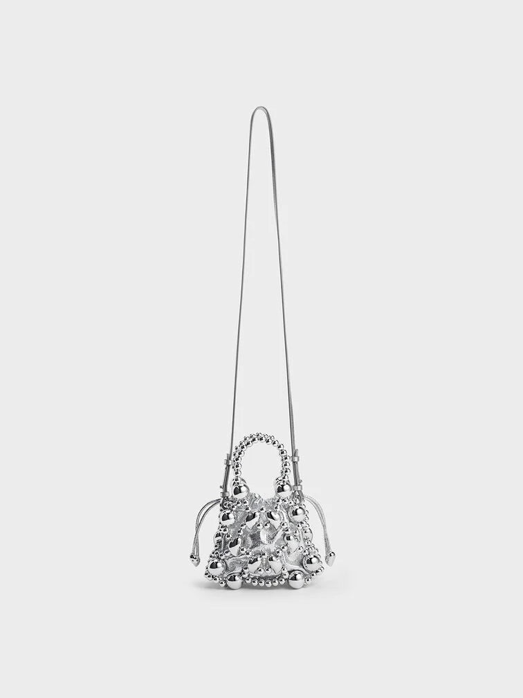 Charles & Keith Qixi Gift Set: Metallic Beaded Top Handle Bag - Silver