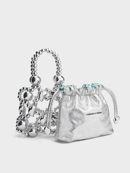 Charles & Keith Qixi Gift Set: Metallic Beaded Top Handle Bag - Silver