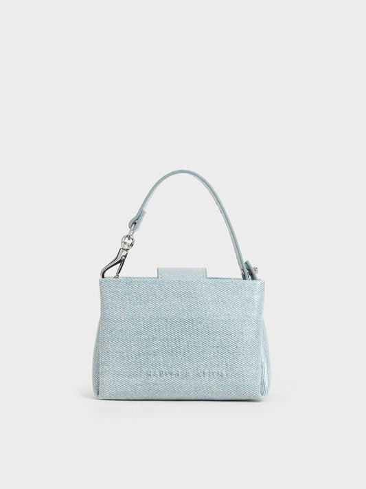 PREORDER Charles & Keith Micro Bosie Patent Top Handle Pouch - Denim Blue