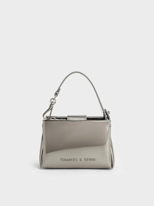 PREORDERCharles & Keith Micro Bosie Patent Top Handle bag - Pewter