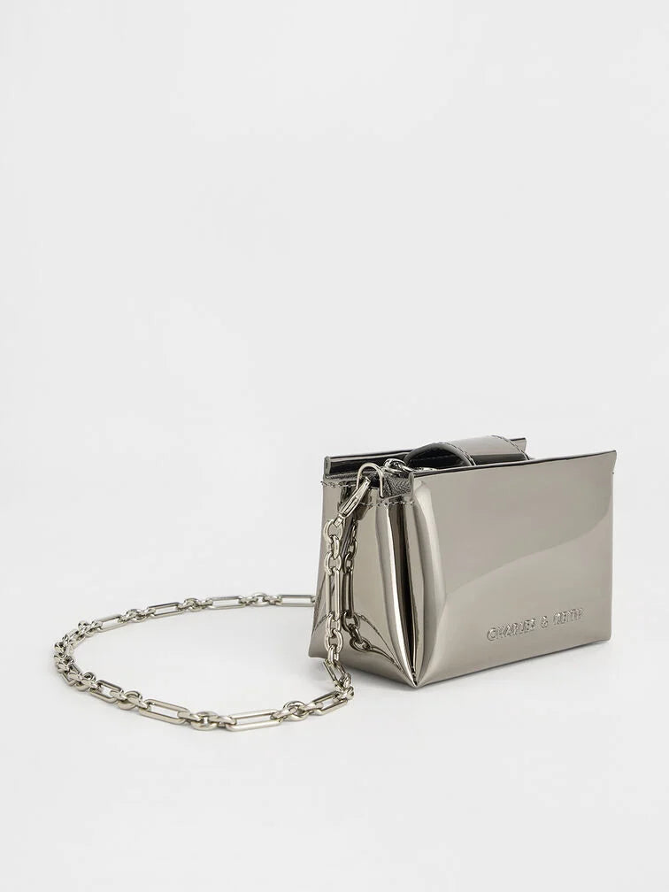PREORDERCharles & Keith Micro Bosie Patent Top Handle bag - Pewter