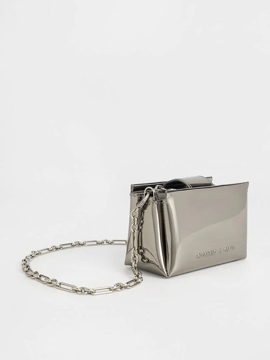 PREORDERCharles & Keith Micro Bosie Patent Top Handle bag - Pewter