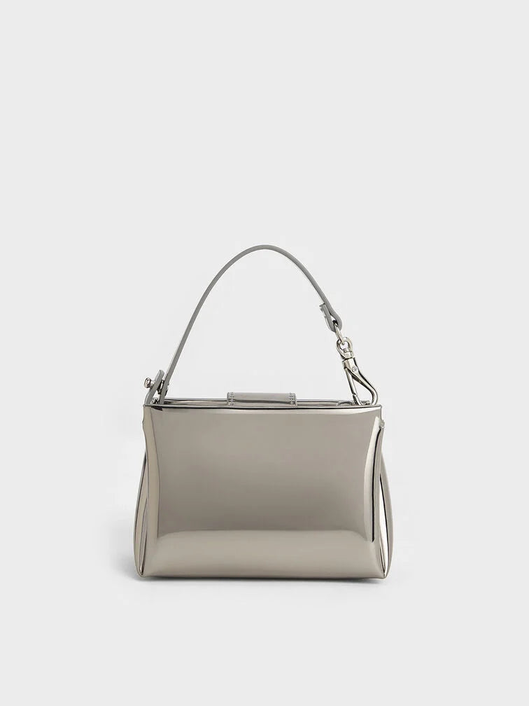 PREORDERCharles & Keith Micro Bosie Patent Top Handle bag - Pewter