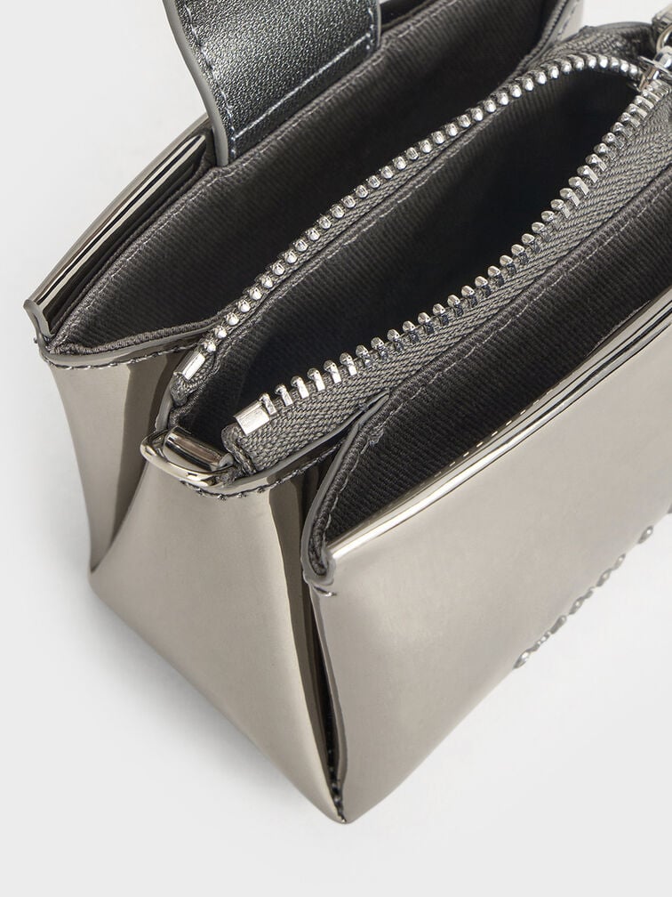 PREORDERCharles & Keith Micro Bosie Patent Top Handle bag - Pewter