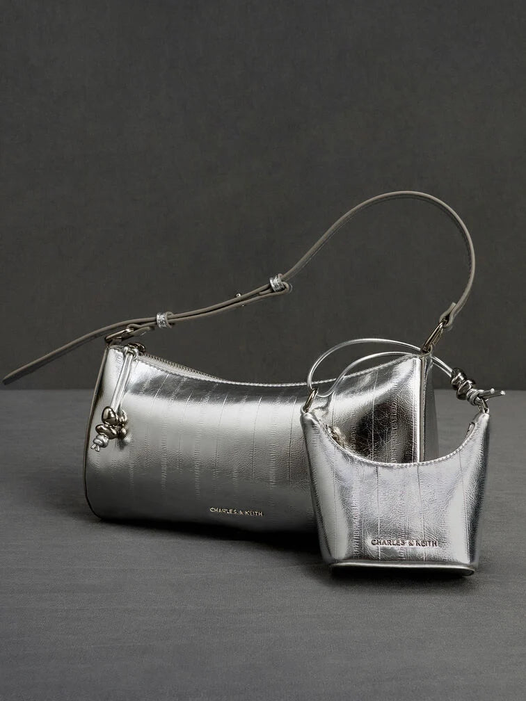 BOXED Charles and Keith Micro Augustine Eel-Effect Chain-Handle Bag - Silver