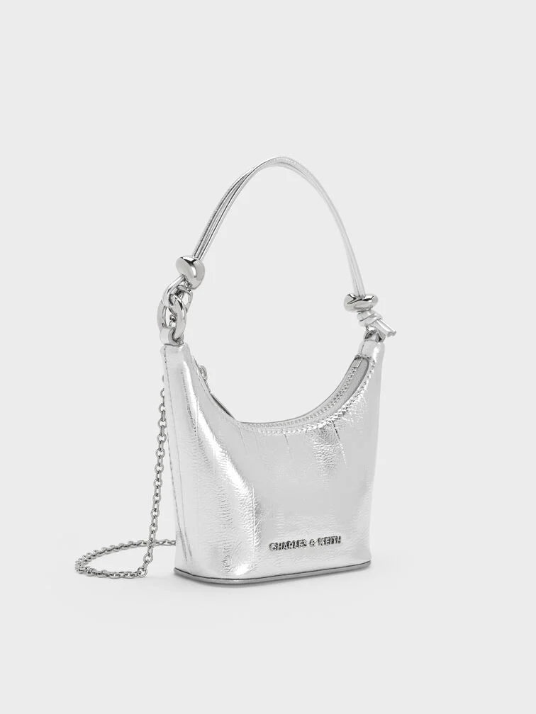 BOXED Charles and Keith Micro Augustine Eel-Effect Chain-Handle Bag - Silver