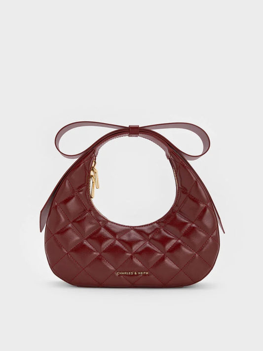 PREORDER Charles and Keith Janie Quilted Bow-Handle Bag - Burgundy