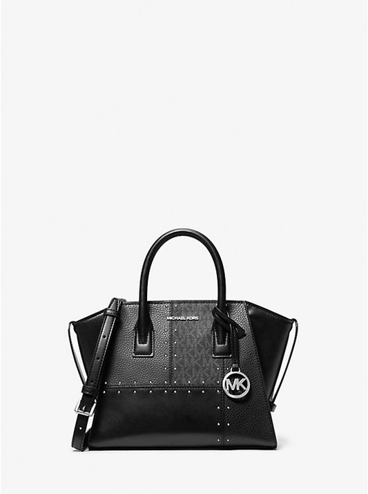 Michael Kors Avril MIDI Studded Patchwork and Signature Logo Satchel black