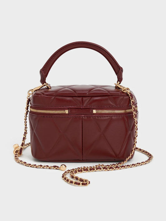PREORDER Charles and Keith Arwen Quilted Top Handle Vanity Bag - Burgundy