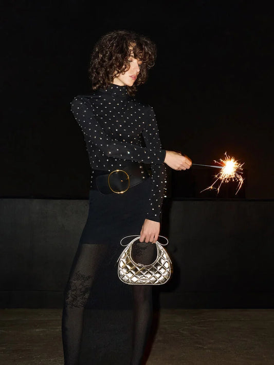 PREORDER Charles and Keith Janie Metallic Quilted Bow-Handle Crescent Bag - Champagne