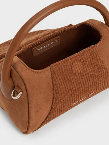 PREORDER Charles and Keith Nelly Recycled Suede & Corduroy Top Handle Bag - Brown