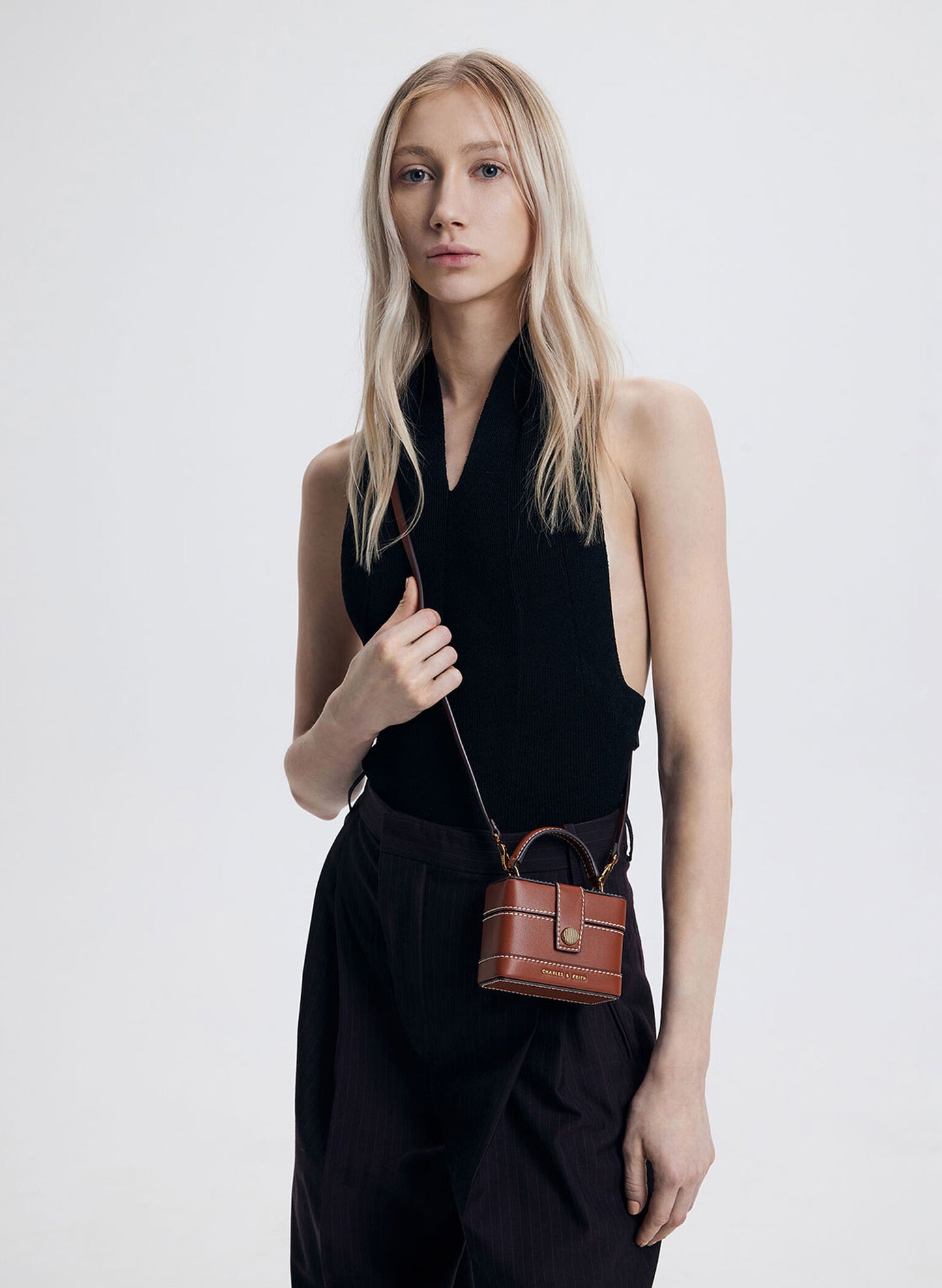 Charles and Keith Micro Mini Bronte Contrast Trim Top Handle Bag - Mocha