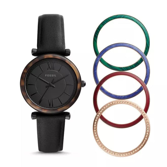 Fossil Carlie Three-hand Black Leather watch-Interchangeable Bezel Box set