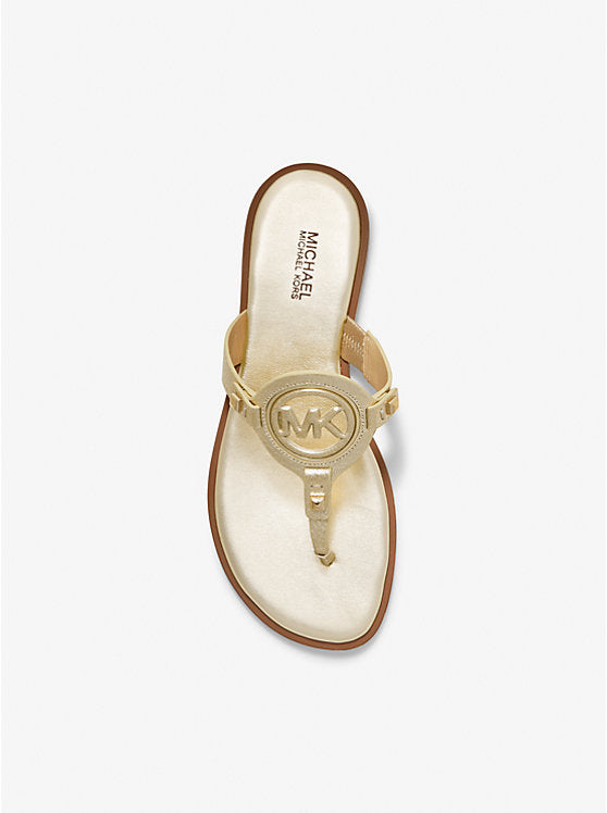 PREORDER Michael Kors Aubrey Cutout Metallic Leather T-Strap Slippers-Gold