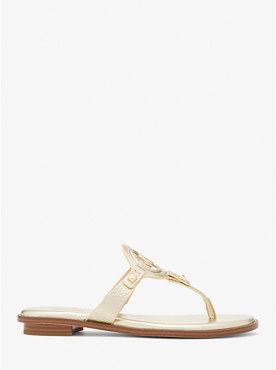 PREORDER Michael Kors Aubrey Cutout Metallic Leather T-Strap Slippers-Gold