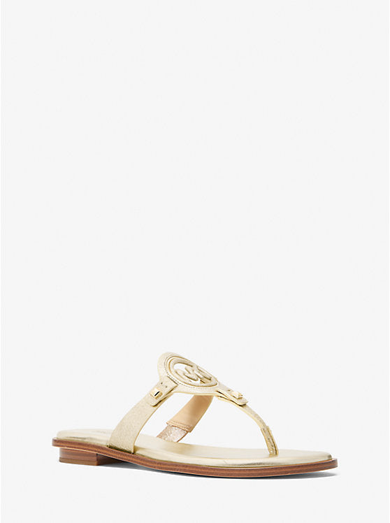 PREORDER Michael Kors Aubrey Cutout Metallic Leather T-Strap Slippers-Gold