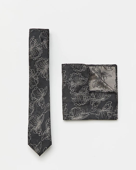 River Island Male Black Floral Tie Nand Pocket Square Set - Premium  from House of Glitz  - Just $8500.00! Shop now at House of Glitz 